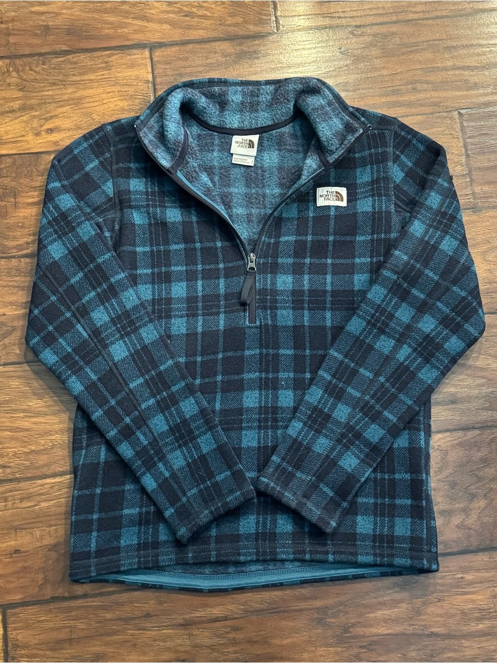 The North Face Men’s Small Plaid Fleece Pullover Blue Black 1/4 Zip Jacket